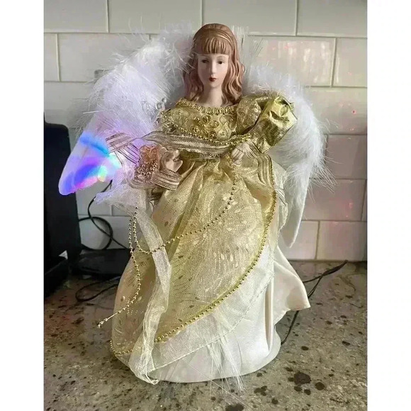 VTG Gold Angel Christmas Tree Topper Light Up WORKING Feather - Picture 5 of 11